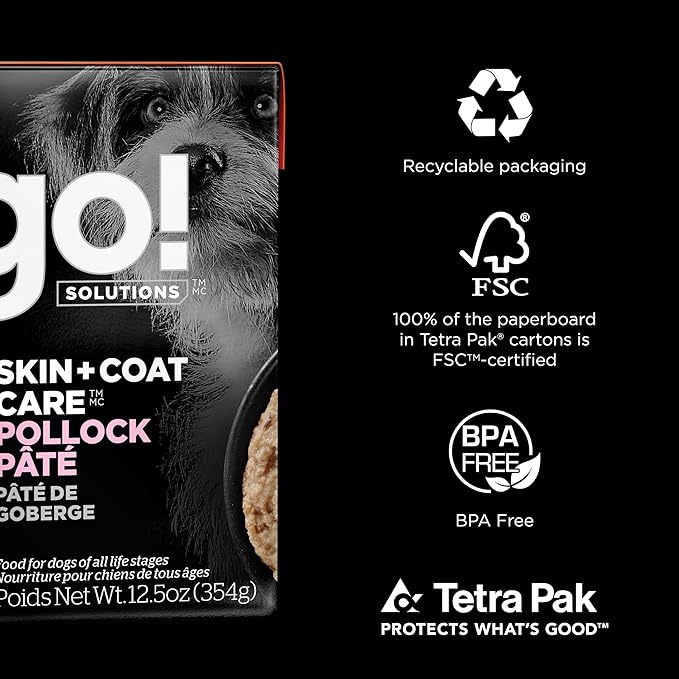 Go! Solutions Skin + Coat Care, Wet Dog Food, Pollock Pâté with Grains Sensitive Skin, 12.5 oz (Pack of 3)