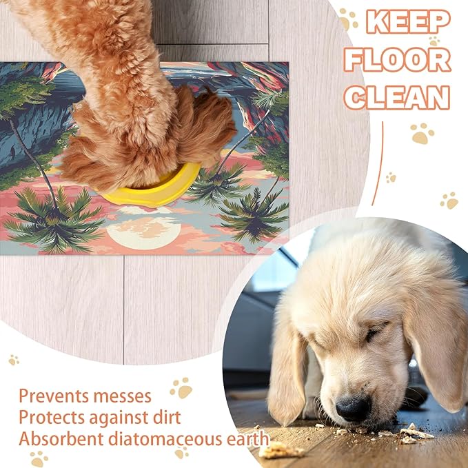 Sea Palm Tree Dog Food Mat for Floors Absorbent, Quick Dry Water Dispenser Mat for Food, Water, Pet Supplies 17" x 30", Beach