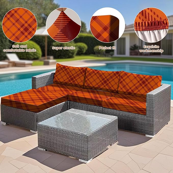HANDONTIME 8Pcs Thanksgiving Patio Cushion Covers Stretch Couch Covers Plaid Replacement Cushions for Outdoor Buffalo Check Patio Furniture Covers for Pets Sofa Covers Washable (Autumn,Cover Only)