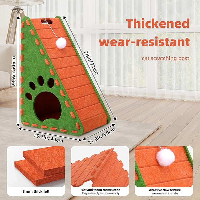 Cat Scratcher, Triangle Felt Cat Scratcher(Cat House), Vertical Integrated 3 in 1 Ramp Vertical Felt Cat Board(Green Orange)