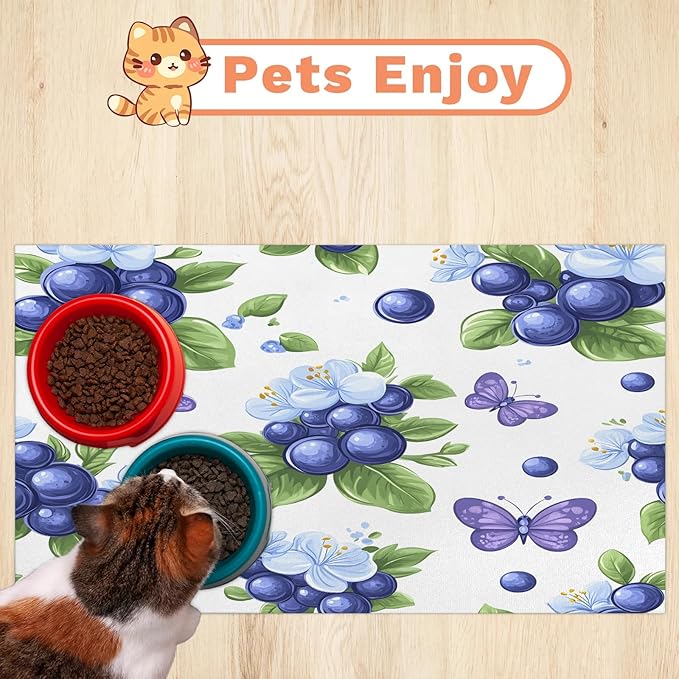 Blueberry Fruit Dog Food Mat for Floors Absorbent Dog Bowl Mat for Food and Water Dispenser Quick Dry Cat Food Placemat Pet Supplies 24" x 32", Green Leave