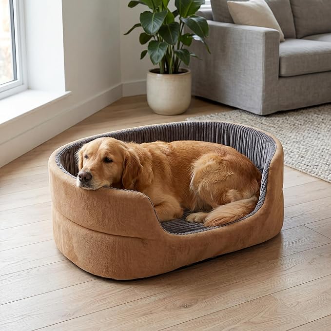 Large Dog Bed Cat Bed 20x30 Inch, Calming Pet Bed for Medium Dogs & Large Cats, Half-Enclosed Open-Top Velvet Anti-Anxiety Bed, Machine Washable Cozy Snuggle Bed (Camel)