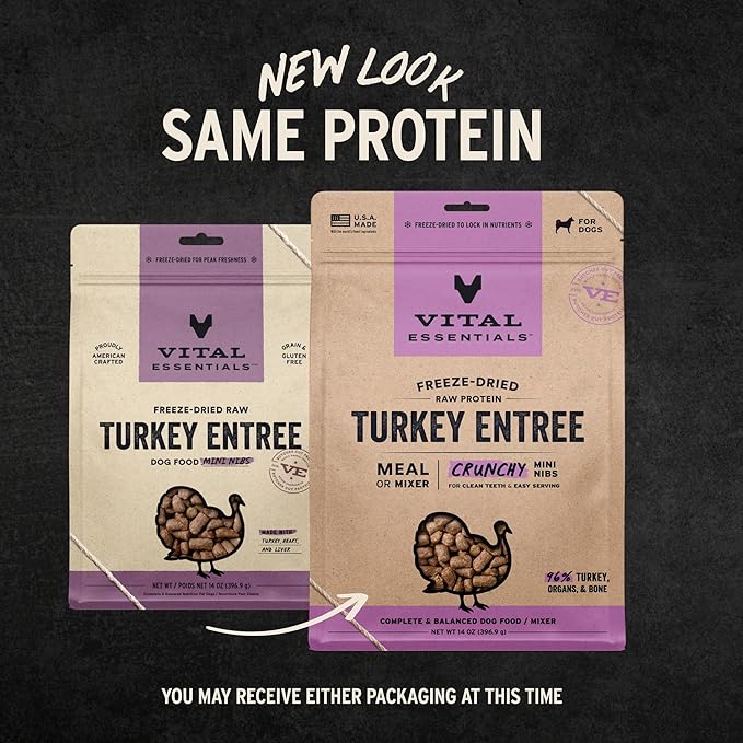 Vital Essentials Freeze Dried Dog Food, Raw Turkey Crunchy Mini Nibs | Complete Meal or Topper | 96% Turkey, Organs & Bone | Limited Ingredient, High Protein, Grain Free Dry Dog Food | 14 oz Bag
