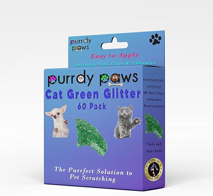 Soft Nail Caps 60 Packs for Cats - Green Glitter Large