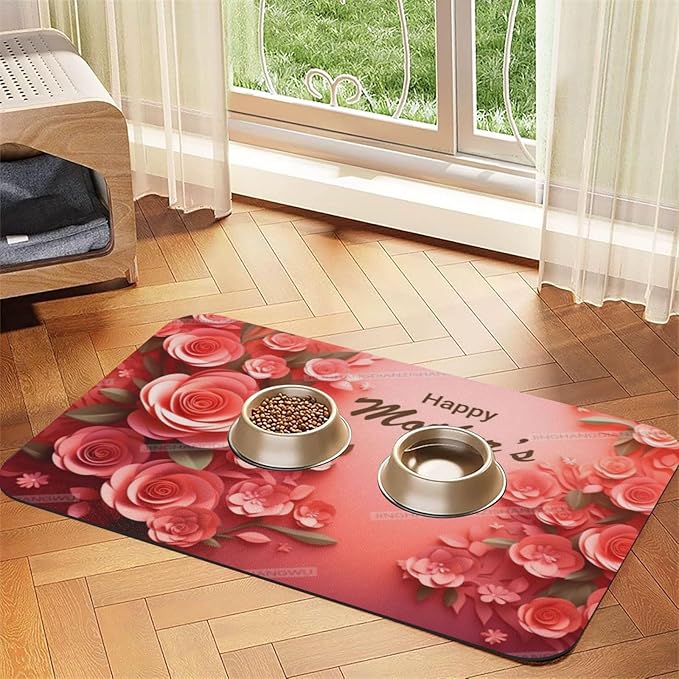 Pet Feeding Mat for Dogs Cats Happy Mother's Day Red Floral Gift for Mom Du Absorbent Dog Food Mat Non-Slip Waterproof Placemat Quick Dry Pet Supplies Bowl Mats