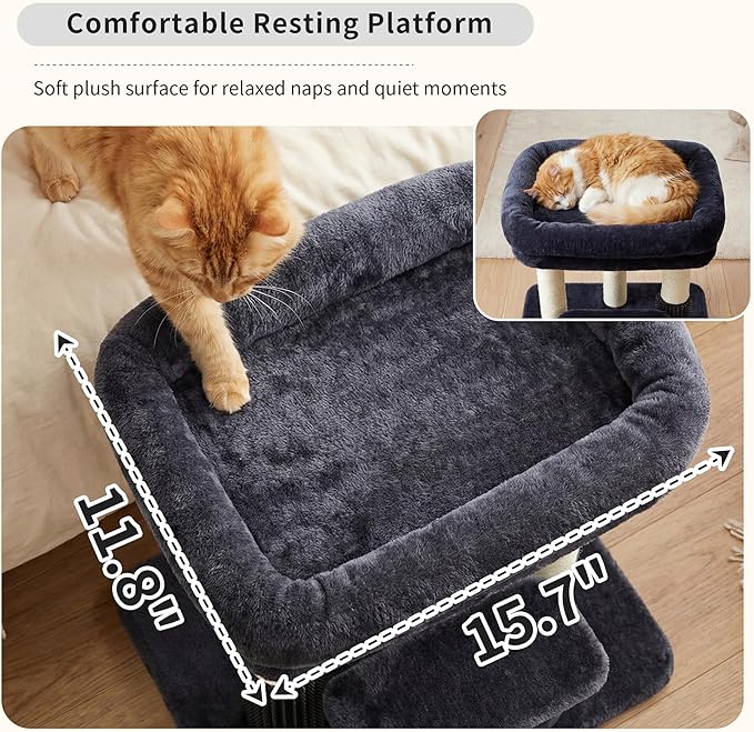 Heybly Cat Scratching Post, Small Cat Tree Tower with 3 Full Sisal Posts, Removable Plush Bed, Grooming Brush, Stable & Space-Saving Cat Furniture with Gentle Step for Indoor Cats, Smoky Gray HSP001SG