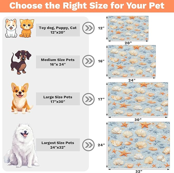Seashell Starfish Dog Food Mat for Floors Absorbent Dog Bowl Mat for Food and Water Dispenser Quick Dry Cat Food Placemat Pet Supplies 24" x 32", Beach Coastal