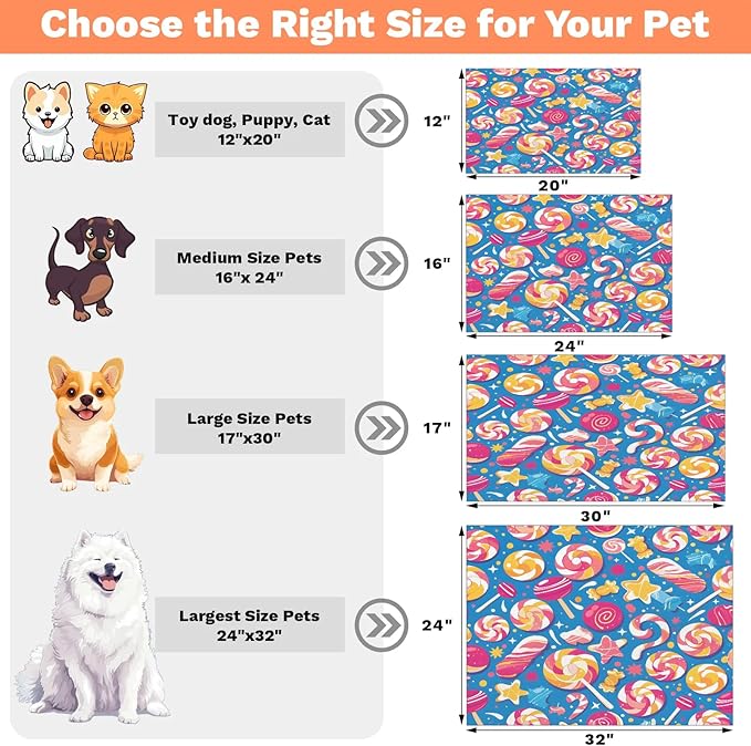 Colorful Candy Dog Food Mat for Floors Absorbent Dog Bowl Mat for Food and Water Dispenser Quick Dry Cat Food Placemat Pet Supplies 17" x 30", Rainbow Lollipop