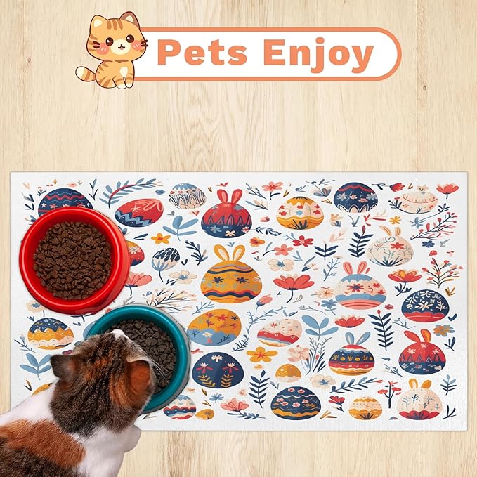 Easter Egg Dog Food Mat for Floors Absorbent Dog Bowl Mat for Food and Water Dispenser Quick Dry Cat Food Placemat Pet Supplies 17" x 30", Spring Flower Leaf