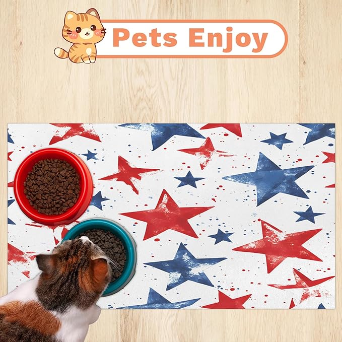 4th of July Dog Food Mat for Floors Absorbent Dog Bowl Mat for Food and Water Dispenser Quick Dry Cat Food Placemat Pet Supplies 12" x 20", Red Blue Stars