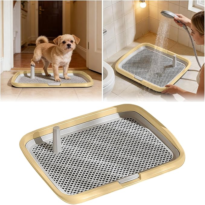 Dog Potty Tray with Guide Pillar, Indoor Pet Pee Pad Holder Duty, Removable Washable Puppy Training Toilet for Housebreaking Supplies Small Medium Dogs (Yellow-L)