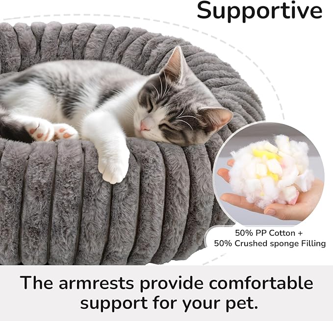 Cat Bed for Indoor Cats, 24 inch Calming Cat Bed with Ultra Soft Plush, Machine Washable Round Anti-Anxiety Pet Bed for Large Cats and Small Dogs, Grey