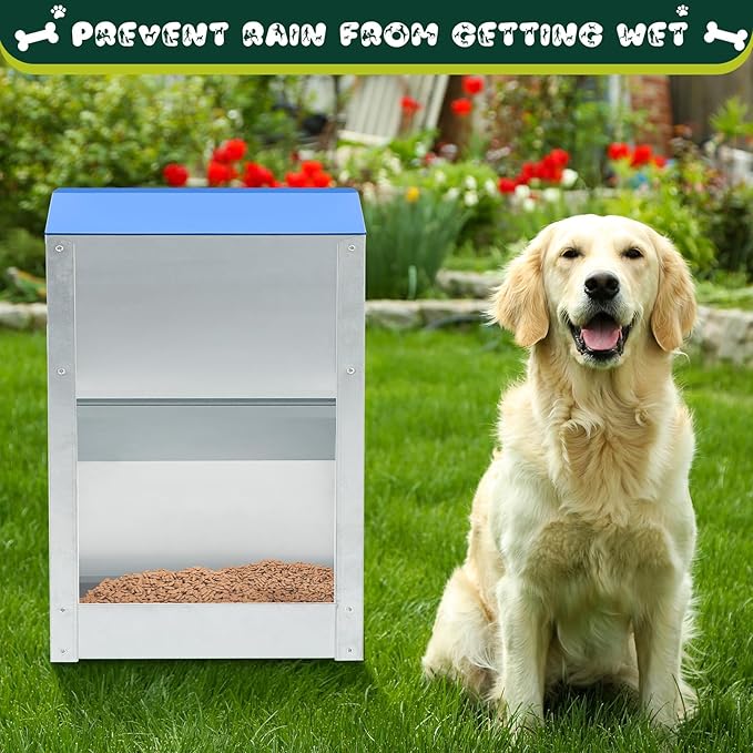 2 Pcs 25 Lbs Large Automatic Dog Feeders with Handle Acrylic Panel Galvanized Gravity Feeder Outdoor Hanging for Doggie Breed Dog Food Dispenser Container(Blue)
