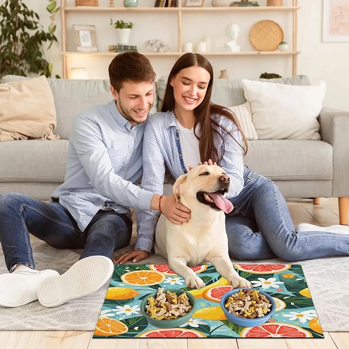 Lemon Flower Dog Food Mat for Floors Absorbent Dog Bowl Mat for Food and Water Dispenser Quick Dry Cat Food Placemat Pet Supplies 12" x 20", Summer Leaves