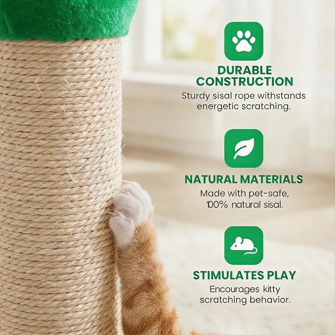 Cat Scratching Post for Small Space, 22'' Scratching Posts for Indoor Cats Adults, Extra Wide 13.4" Stable Base & Natural Sisal, Cute Cat Scratching Post with Short Plush Fabric for Indoor Cats, Green