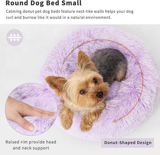 Purple and White Cat Bed for Indoor Cats Washable 15 inches Donut Soft Small Pet Bed,Calming Anti Anxiety Round Fits up to 5 lbs Warm Comfort Kitten Bed Indoor