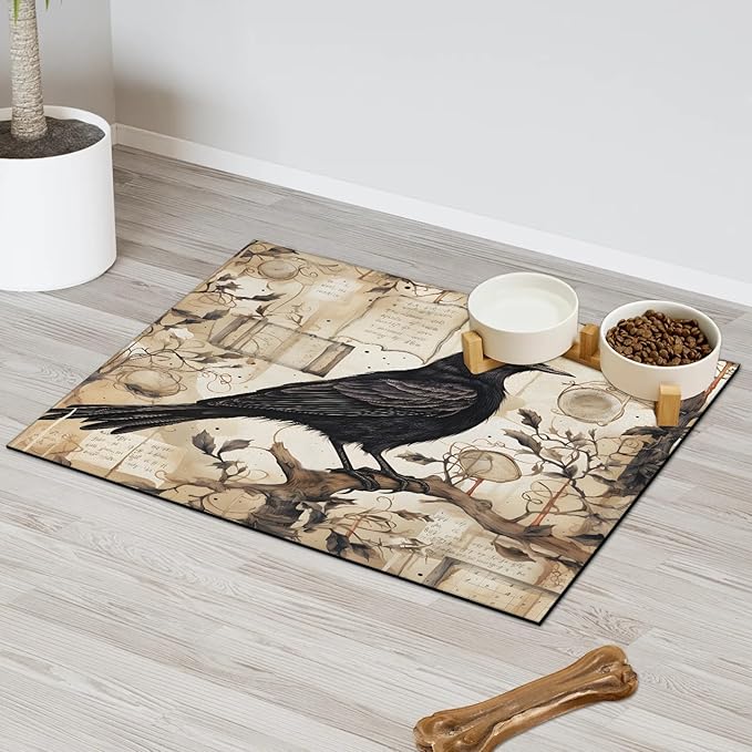 Halloween Crow Dog Food Mat for Floors Absorbent, Quick Dry Water Dispenser Mat for Food, Water, Pet Supplies 16" x 24", Tree