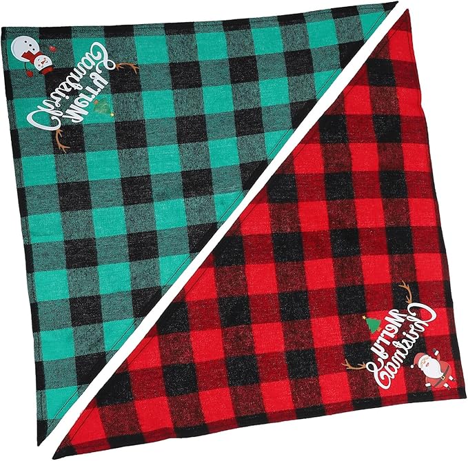 Uonlytech Christmas Dog Scarves 2pcs Plaid Triangle Pet Bibs Red Black Festive Figure Green Black Snowman Bandanas for Holiday Pet Supplies