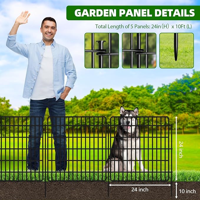 5 Panels Garden Fencing Animal Barrier with Lock, 24 in(H) X 10 Ft(L) Dog Fence Outdoor for Yard Rustproof No Dig Decorative Tall Garden Fence Metal Wire Panel Border Rabbit Ground Stakes Fencing