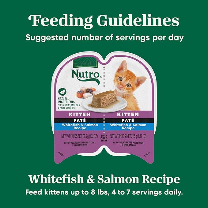 Nutro Perfect Portions Wet Kitten Food Pate Whitefish and Salmon Recipe, Pate Wet Cat Food, 2.6 oz. Twin-Pack Trays, 24 Count, 48 Servings
