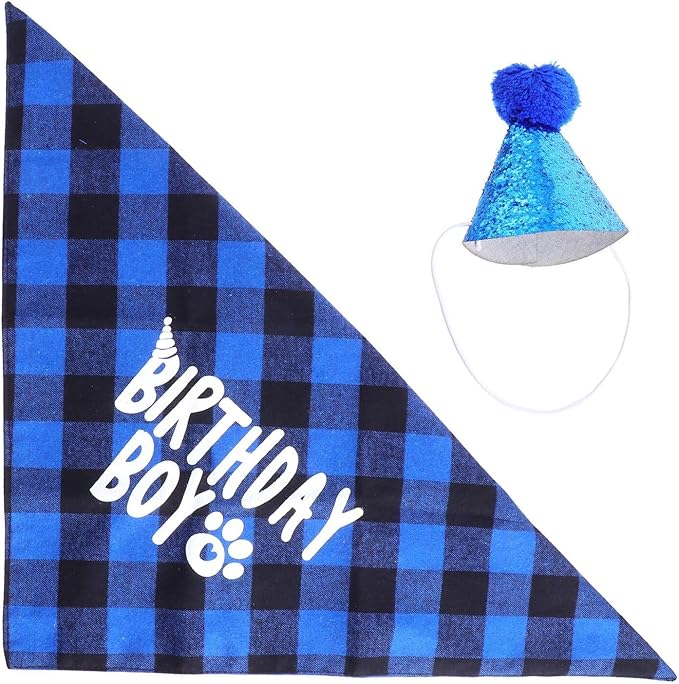 Beavorty Dog Birthday Bandana and Party Hat Set, Blue Cotton Pet Birthday Costume Accessories for Puppy Celebration and Dog Party Supplies