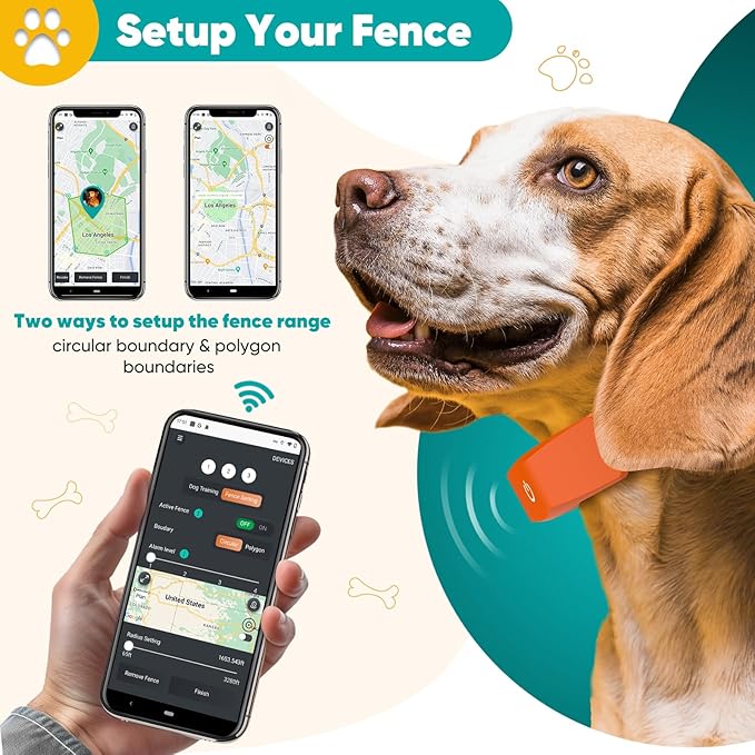 GPS Wireless Dog Fence with Free App, Electric Fence System with Training Collar, Portable Fence for Outdoor Use, Rechargeable Waterproof Flexiable Collar, Adjustable for Large Medium Dogs (Oran ge)