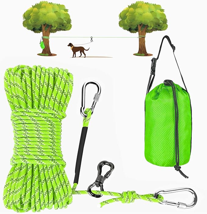 XiaZ Dog Tie Out Cable for Camping, 50FT Portable Overhead Trolley System for Dogs up to 300lbs，Dog Lead for Yard, Camping, Parks, Outdoor Events,5 min Set-up, Green
