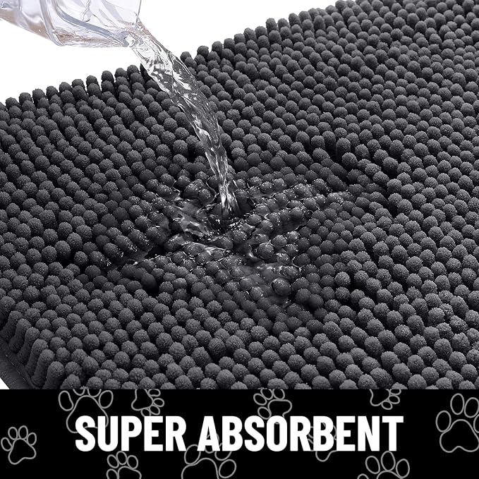 Smiry Dog Door Mat for Muddy Paws, Absorbent Dirt Trapper Non Slip Quick Dry Washable Chenille Mat for Mud Dogs, Entry Rug for Indoor and Outdoor (59x20 Inches, Dark Grey and White)