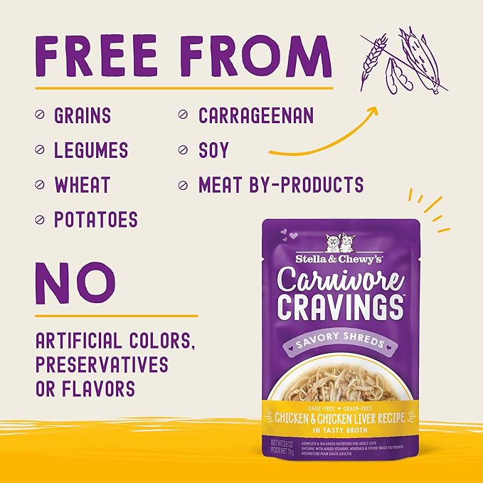 Stella & Chewy's Carnivore Cravings Wet Cat Food - Premium Pouches - Grain Free, High Protein Chicken & Chicken Liver - Perfect For Pickey Eaters - Complete Meal or Topper (2.8 oz, 24 Pack)