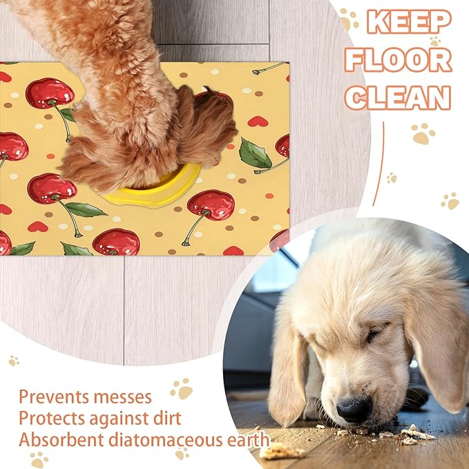 Cherry Fruit Dog Food Mat for Floors Absorbent Dog Bowl Mat for Food and Water Dispenser Quick Dry Cat Food Placemat Pet Supplies 12" x 20", Love Polka Dot
