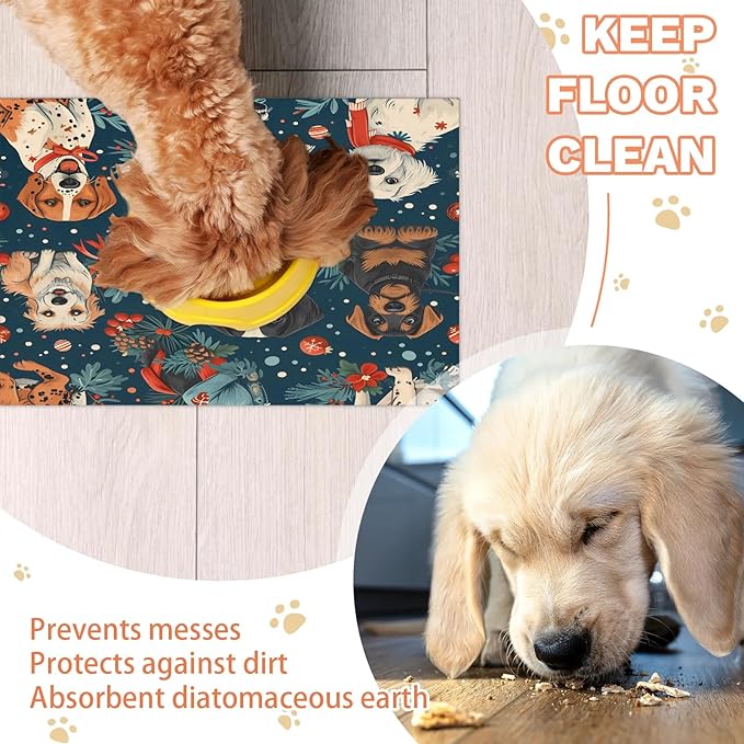 Merry Christmas Dog Food Mat for Floors Absorbent, Quick Dry Water Dispenser Mat for Food, Water, Pet Supplies 16" x 24", Pet Dog