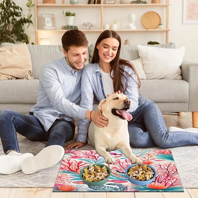 Watercolor Corals Dog Food Mat for Floors Absorbent Dog Bowl Mat for Food and Water Dispenser Quick Dry Cat Food Placemat Pet Supplies 16" x 24", Colorful Nautical