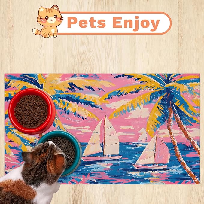 Palm Tree Dog Food Mat for Floors Absorbent, Quick Dry Water Dispenser Mat for Food, Water, Pet Supplies 12" x 20", Colorful Sailboat