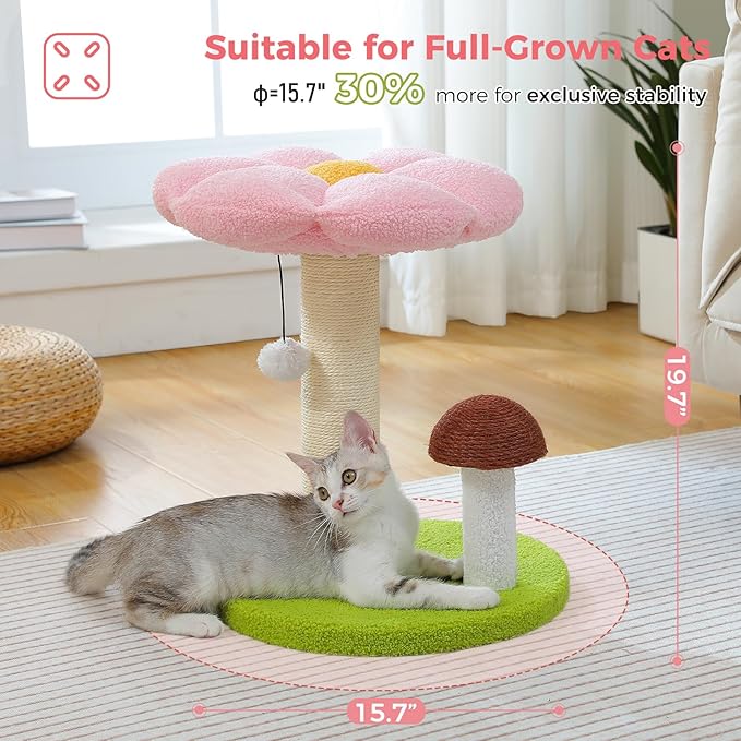 PETEPELA Cat Scratching Post, Mushroom Cat Scratcher Cute Cat Tree Tower with Thick Scratching Post & Removable Flower Cats Bed [Dia=15.7''], Tall Post for Kittens and Indoor, Pink