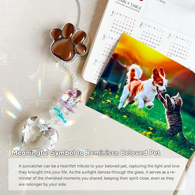 Pet Memorial Suncatcher - Dog Memorial Gifts, Pet Loss Sympathy, Thoughtful Dogs and Cats Condolence Bereavement Remembrance Gifts, Chrysoberyl Cat's Eye Stone Paw Crystal Suncatcher