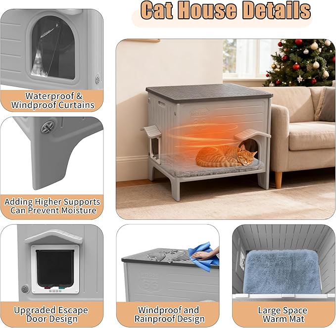 Cat House Outside with Soft Mat for Winter，Plastic Cat House Waterproof for Outdoor, Feral Cat Shelter with Escape Door, Easy to Assemble Easy to Clean