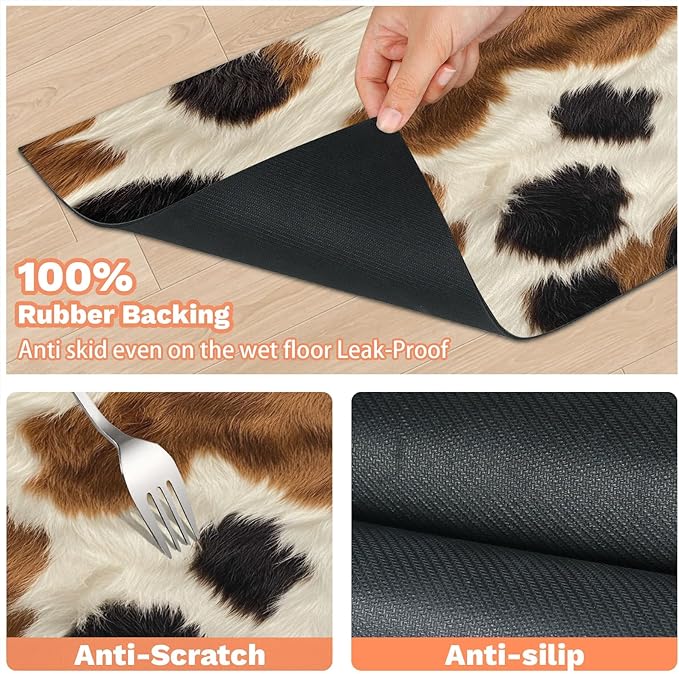 Cow Print Dog Food Mat for Floors Absorbent Dog Bowl Mat for Food and Water Dispenser Quick Dry Cat Food Placemat Pet Supplies 16" x 24", Cow Skin