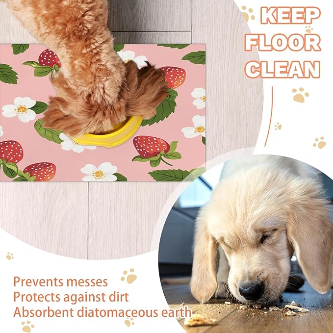 Strawberry Fruit Dog Food Mat for Floors Absorbent Dog Bowl Mat for Food and Water Dispenser Quick Dry Cat Food Placemat Pet Supplies 16" x 24", Spring Floral