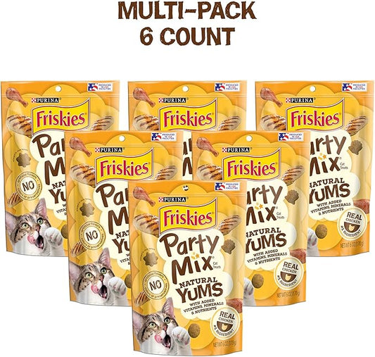 Purina Friskies Natural Cat Treats, Party Mix Natural Yums With Real Chicken & Vitamins, Minerals & Nutrients - (Pack of 6) 6 oz. Pouches