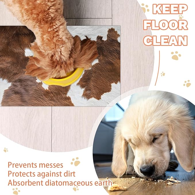 Cow Print Dog Food Mat for Floors Absorbent Dog Bowl Mat for Food and Water Dispenser Quick Dry Cat Food Placemat Pet Supplies 17" x 30", Brown Cow Skin