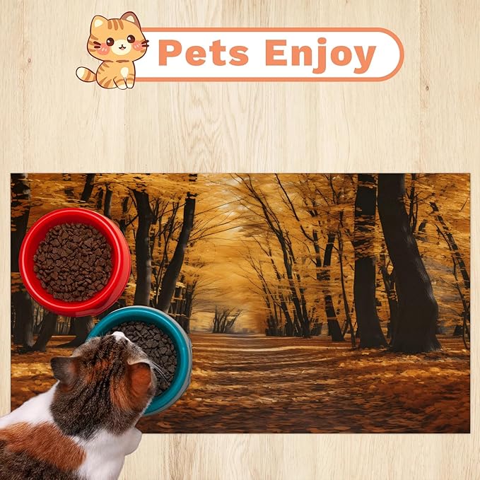 Autumn Trees Dog Food Mat for Floors Absorbent, Quick Dry Water Dispenser Mat for Food, Water, Pet Supplies 12" x 20", Maple Leaf