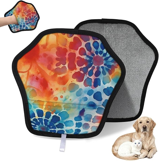 Colorful Tie Dye Pattern Electrostatic Pet Hair Removal Glove for Cats & Dogs - Reusable Grooming Mitt for Couch, Carpet, Car Seat & Laundry - Large 9x9 Inch