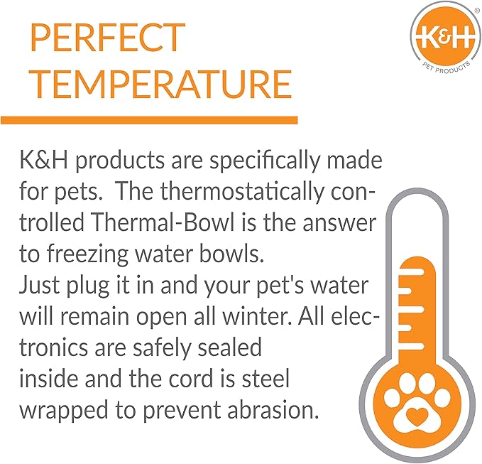 K&H Pet Products Thermal-Bowl Heated Water Bowl for Cats & Dogs Outside, Safety Listed Outdoor Heated Dog Dish for Pets, Automatic No Freeze, Anti Chew Cord - 102 Ounces Stainless 25W