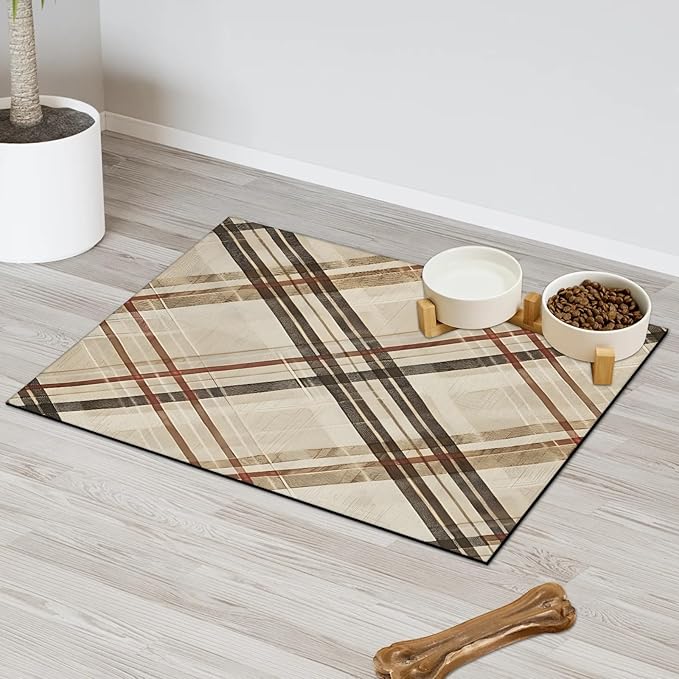 Buffalo Check Dog Food Mat for Floors Absorbent, Quick Dry Water Dispenser Mat for Food, Water, Pet Supplies 17" x 30", Retro Plaid