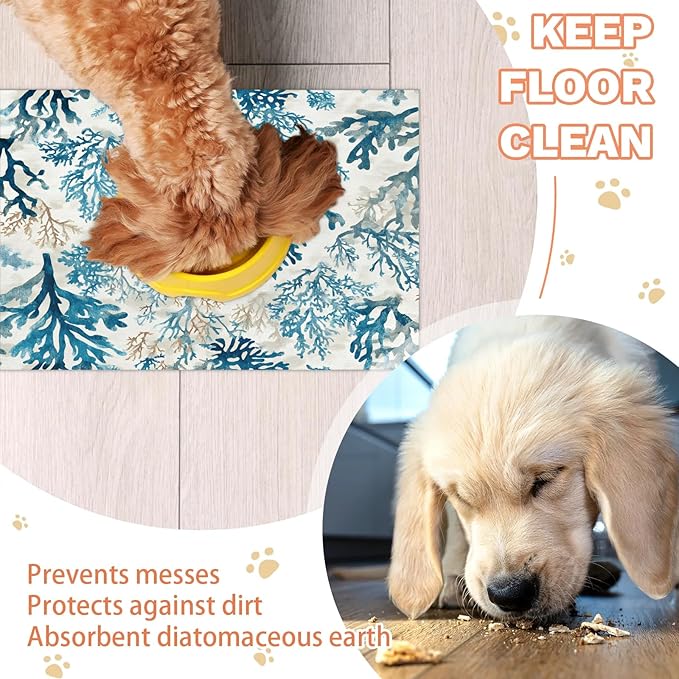 Nautical Coastal Dog Food Mat for Floors Absorbent Dog Bowl Mat for Food and Water Dispenser Quick Dry Cat Food Placemat Pet Supplies 16" x 24", Watercolor Coral