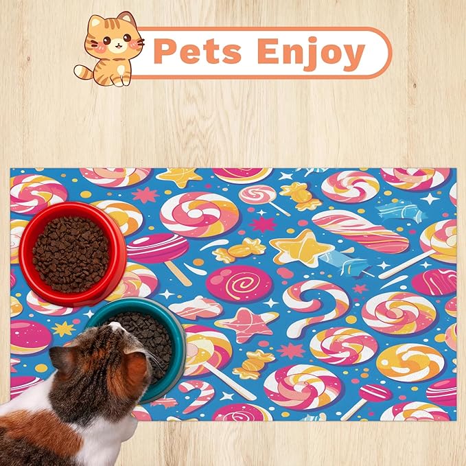 Colorful Candy Dog Food Mat for Floors Absorbent Dog Bowl Mat for Food and Water Dispenser Quick Dry Cat Food Placemat Pet Supplies 16" x 24", Rainbow Lollipop