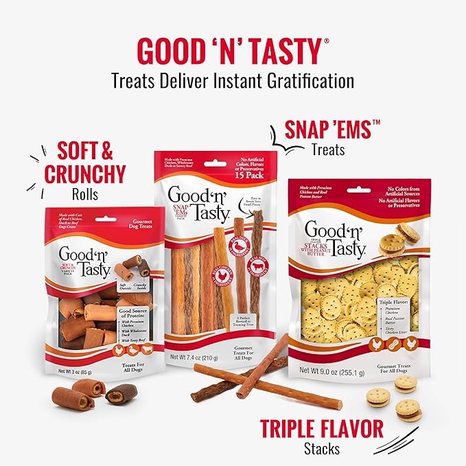 Good 'n' Tasty Triple Flavor Puree Mix-Ins Dog Food Topper Treats for All Dogs, 7 Count, Easy Single-Serve Portions, Added Protein with Salmon, Tuna and Krill, No Chicken or Beef Added (Pack of 2)