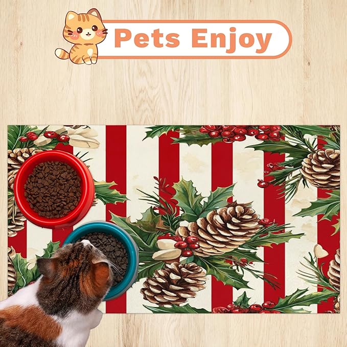 Xmas Pinecone Dog Food Mat for Floors Absorbent, Quick Dry Water Dispenser Mat for Food, Water, Pet Supplies 17" x 30", Christmas Holly