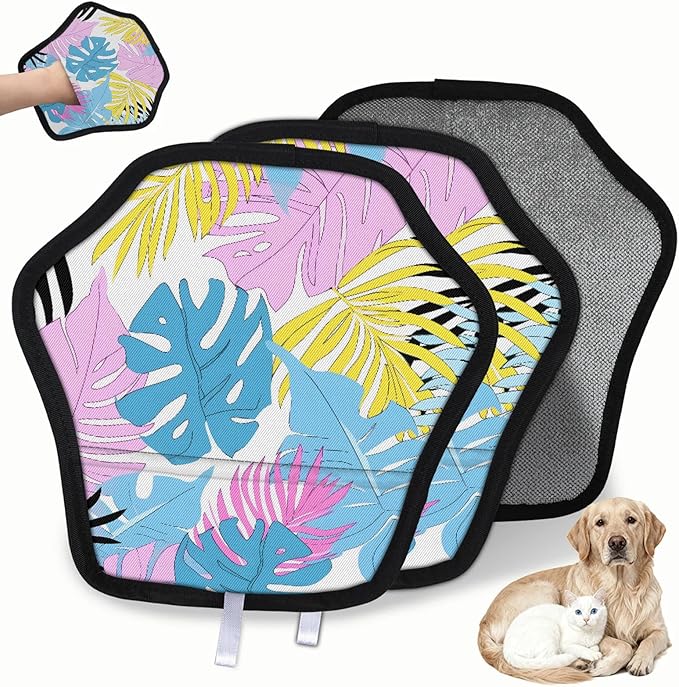 Colorful Palm Leaf Electrostatic Pet Hair Removal Glove for Cats & Dogs - Reusable Grooming Mitt for Couch, Carpet, Car Seat & Laundry - Large 9x9 Inch