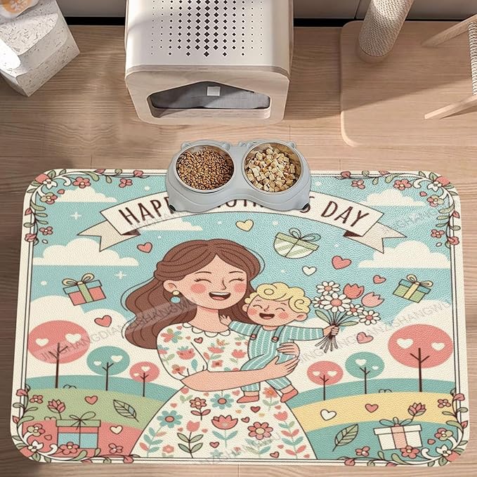 Absorbent Dog Water Cat Mat for Food Water Bowl Quick Dry Happy Mother's Day Floral Gift for Mom Blessing Ea Pet Feeding Mats No Stains Dog Food Mat Pet Accessories Supplies Cat Bowl Mats 18X12In